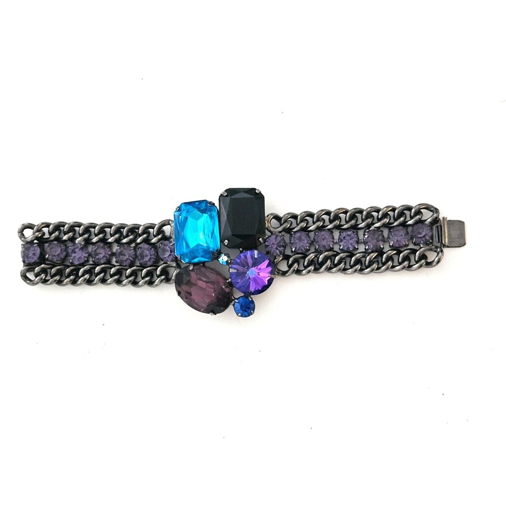 Vintage D&E for Alexis Kirk Bracelet Emerald Cut Rhinestone Purple Blue